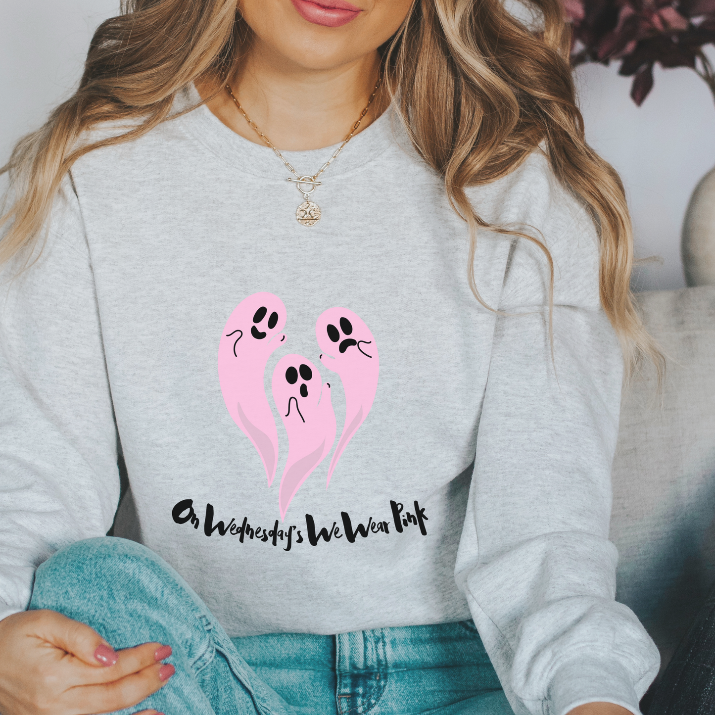 On Wednesdays We Wear Pink Ghost Crewneck Sweatshirt